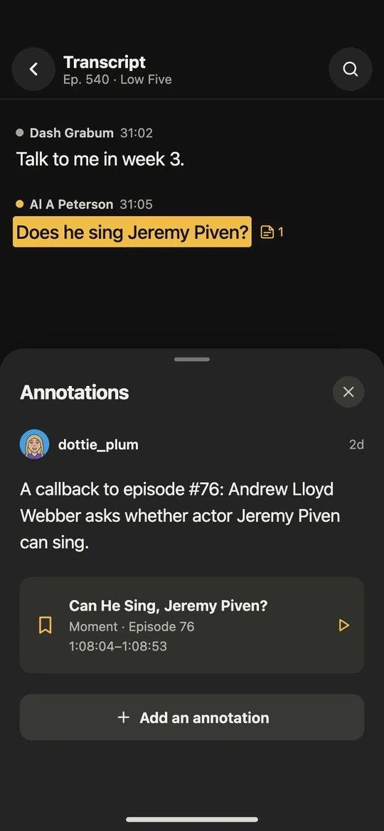 A transcript annotation with contextual commentary and a linked Moment.