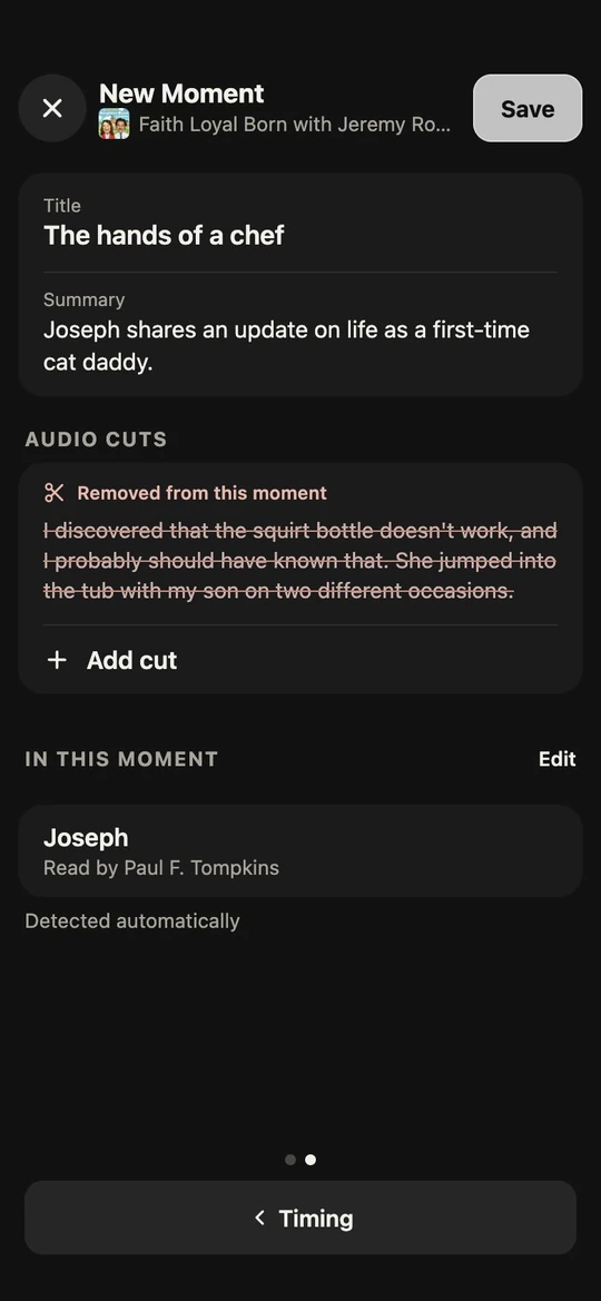 Moment details with a title, summary, an interior audio cut, and Joseph automatically detected with an Edit action.