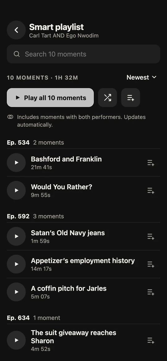 A smart playlist combining rules for performers, characters, annotations and search terms.