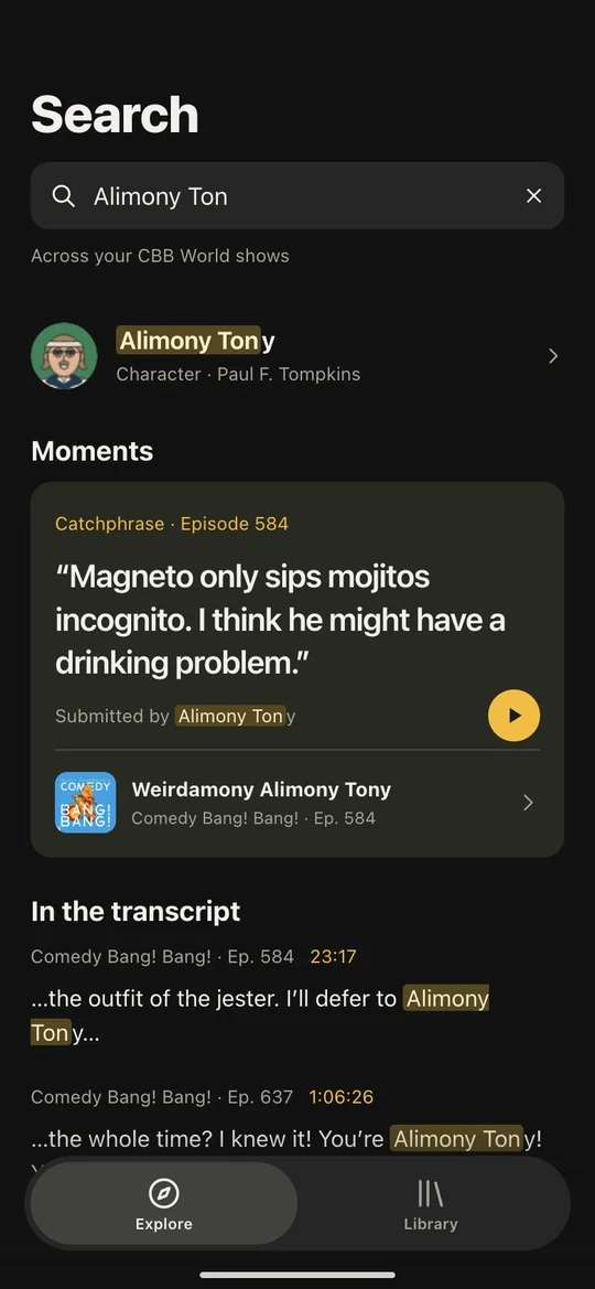Alimony Ton search results with Alimony Tony, a playable catchphrase Moment and two highlighted transcript matches.